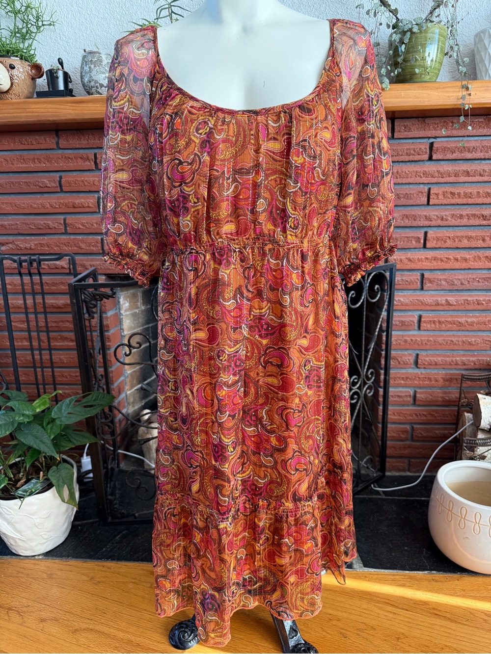 Kensie Orange Paisley Maxi Dress with Pink & Gold Accents